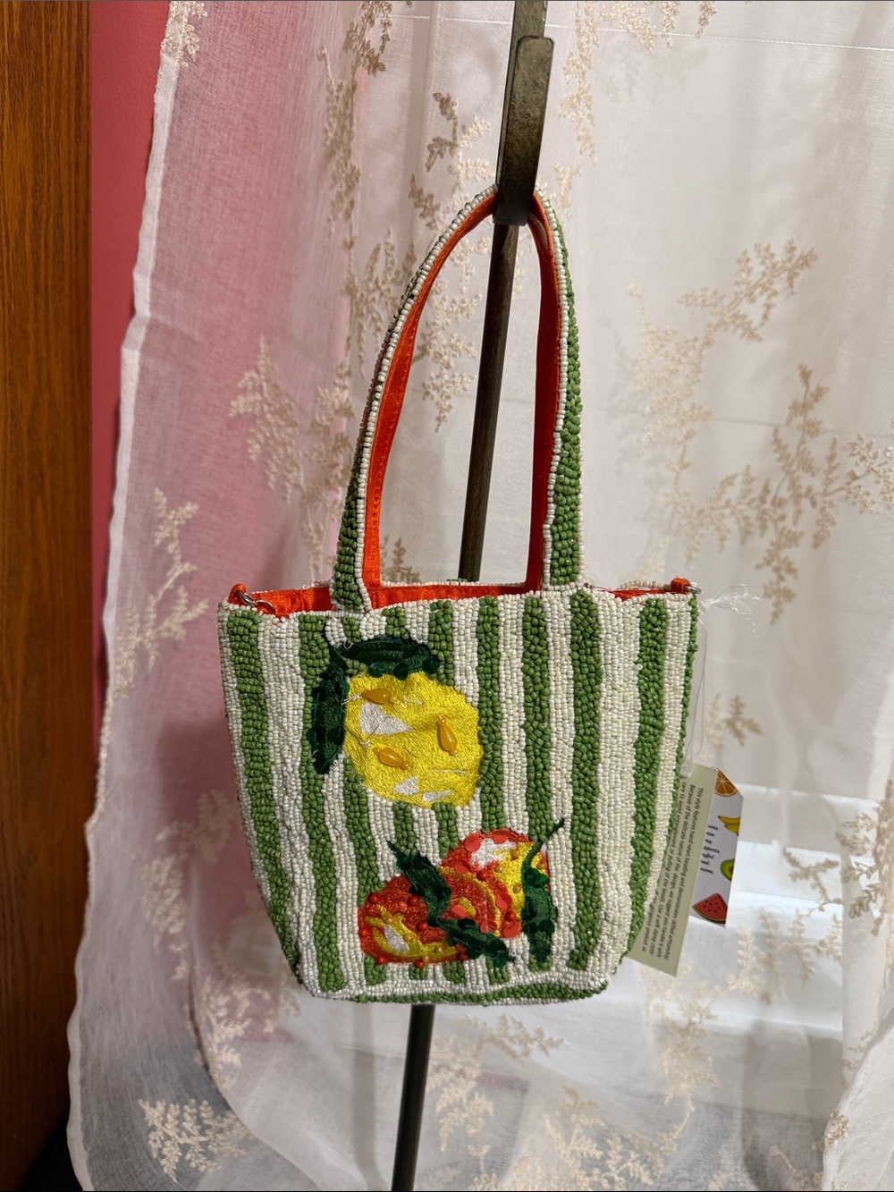 Made in India beaded lemon and orange hand bag with silver chain crossbody strap